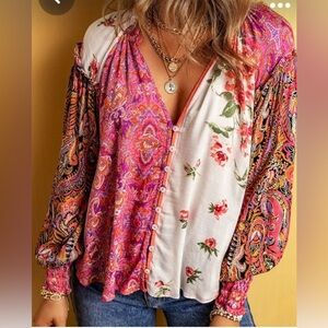 Free People Babydoll Multicolor Floral Festival Boho Size XS Blouse Cottagecore